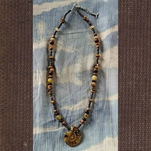 Ammonite Fossil Beaded Necklace - Handmade, Swimmable - Yellow/Brown